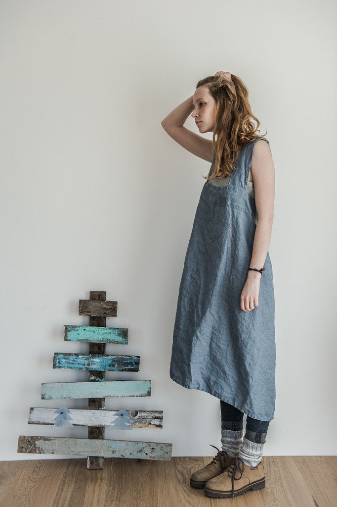 swedish blue- long- square cross- japanese linen apron - pinafore